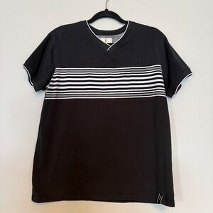 Scott James Mens Black White Striped V-Neck Short Sleeve T-Shirt Size Large